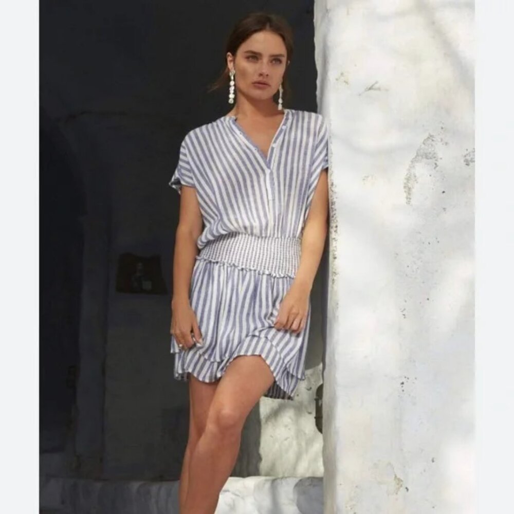RAILS Linen Angelina Boracay Dress Striped‎ Smocked Blue White Beachy S B39